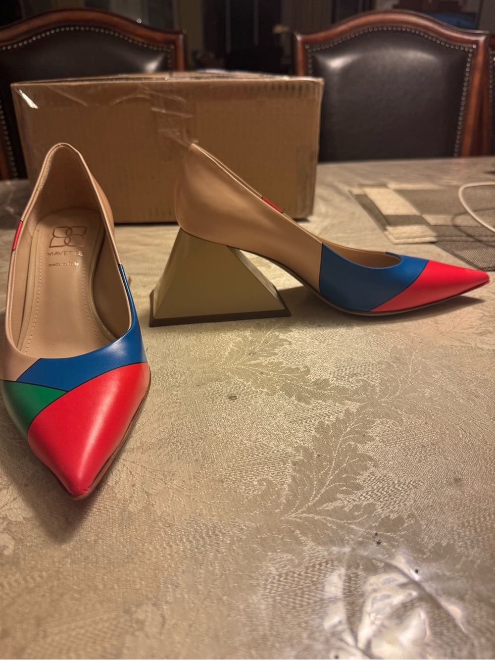 Mavette UNIQUE Multicolor Geometric Leather Block Heels Pumps Shoes 38.5